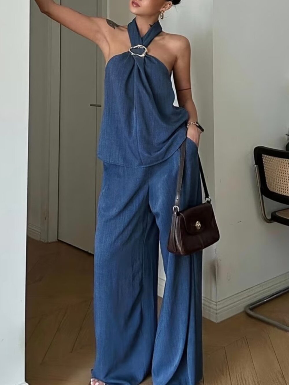 Two-Piece Vintage Coin Embellished Backless Halter Top And Wide-Leg Pants Set - Picture 5 of 5